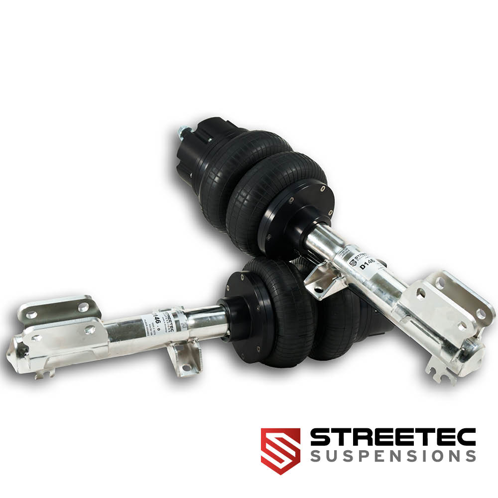 STREETEC air suspension system for VW Crafter II and MAN TGE featuring black air springs, shock absorbers and mounting brackets