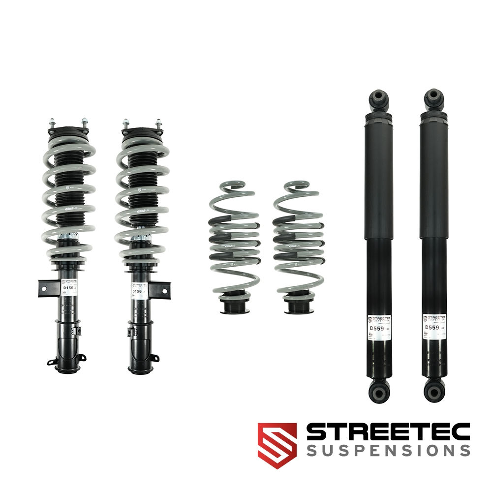 STREETEC ultraLIFT coilover suspension components: two coilover struts with coil springs, two coil springs and two shock absorbers for Ford Transit Custom and VW Transporter